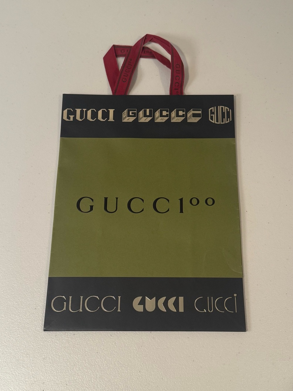 Gucci 100 Shopping Bag Olive & Black Gift Bag with Red Ribbon Handles